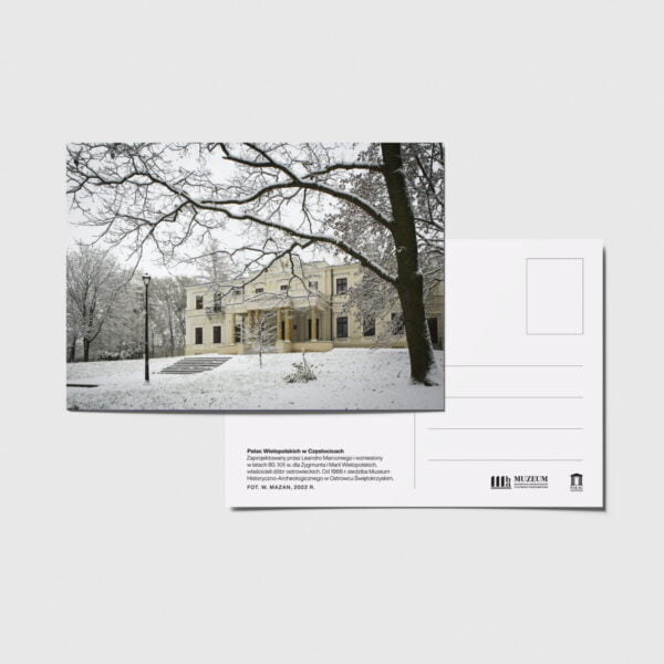 W centralnym miejscu pocztówki widoczny jest Pałac Wielopolskich od strony podjazdu, w otoczeniu zaśnieżonego parku