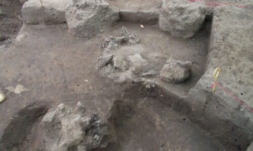Fotografia barwa przestawiająca obrys kamiennych murów zagłębionych w ziemi - stanowisko archeologiczne