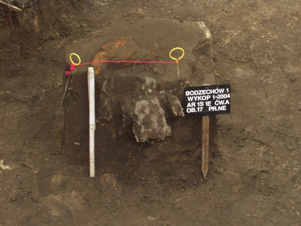 Fotografia przestawiająca fragment wykopu archeologicznego z zaznaczonymi miarkami i tabliczkami opisowymi