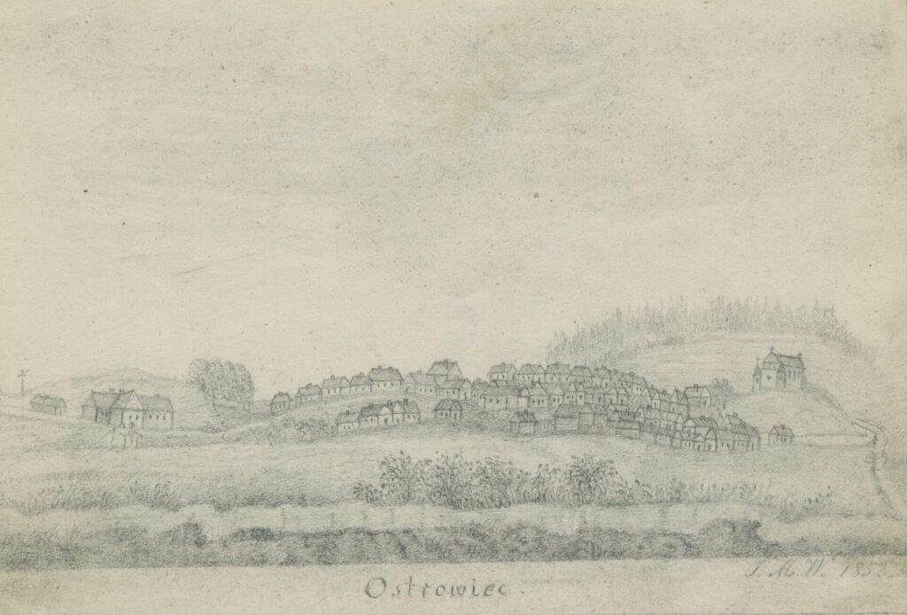 Rysunek wykonany ołówkiem w 1852 roku autorstwa Wiślickiego, przedstawiający pagórkowatą panoramę Ostrowca - widoczne drzewa, liczne zabudowania parterowych budynków przytulonych do siebie oraz kościół na wzgórzu